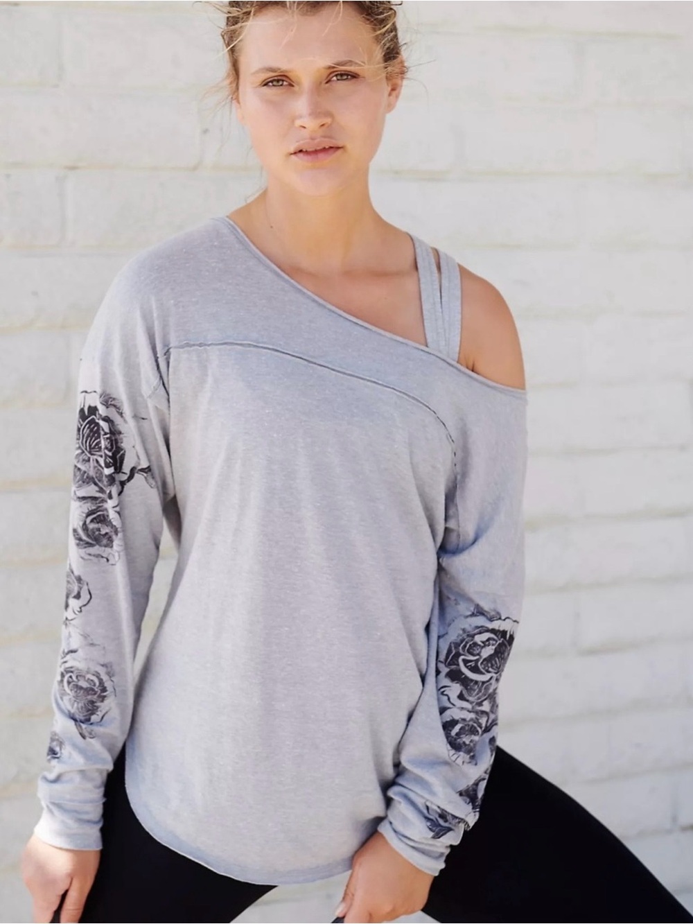 Free People Movement Dance Long Sleeve Tee in Gray and Black